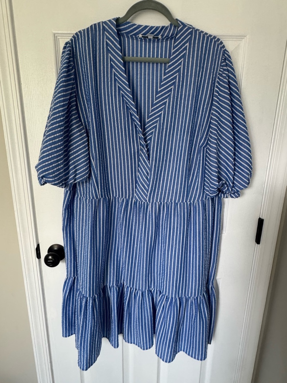 Sandra Darren Blue and White Striped V-Neck Tiered Midi Dress